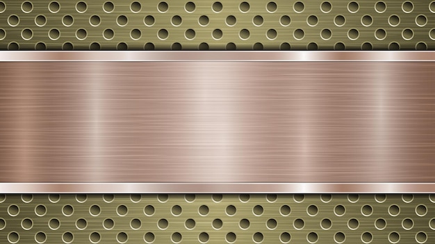 Vecteur fond de surface métallique perforée dorée avec trous et plaque horizontale polie en bronze avec des éclats de texture métallique et des bords brillants