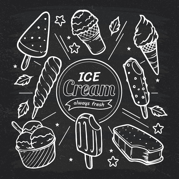 Vecteur fond de tableau noir de crème glacée dessiné à la main