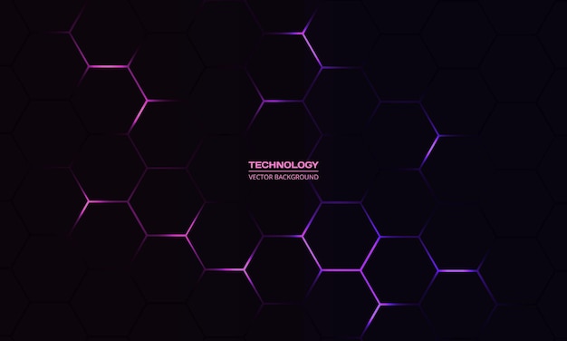 Fond De Technologie Abstraite Hexagone Foncé Avec Des éclairs Lumineux De Couleur Rose Et Violet