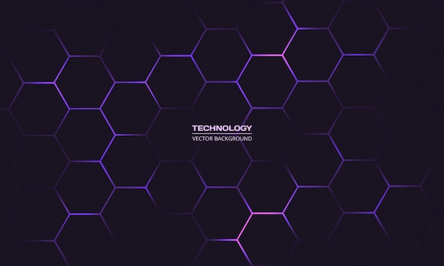 Vecteur fond de technologie abstraite hexagone foncé avec des éclairs lumineux de couleur violette