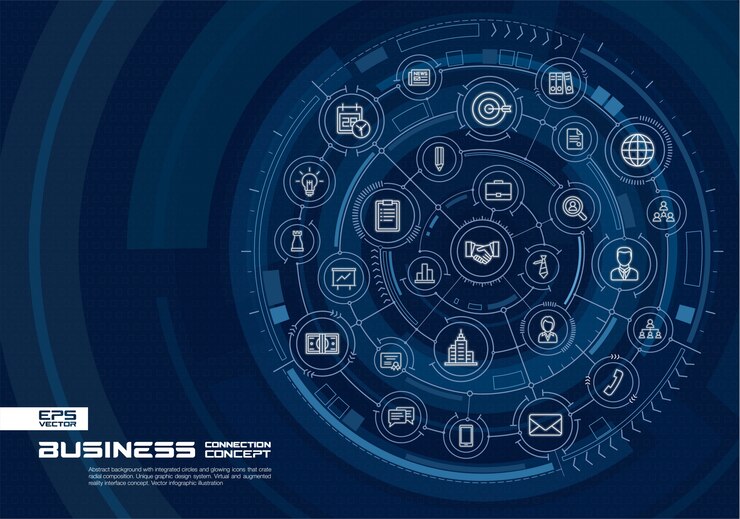 Vecteur fond de technologie abstraite. système de connexion numérique avec cercles intégrés, icônes de lignes fines brillantes. concept d'interface de réalité virtuelle et augmentée. future illustration infographique