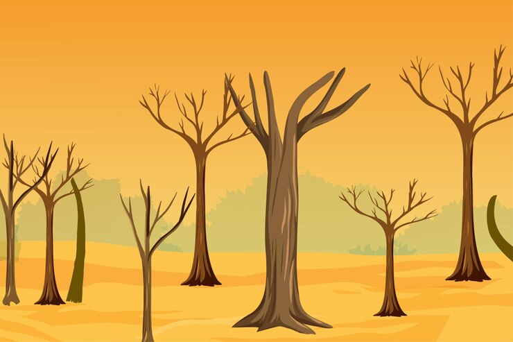 Fond de terres arides avec vecteur de bûches d'arbres morts Couper des arbres et concept de problème de sécheresse avec des terres jaunes sèches La jungle s'est transformée en désert pour l'effet de serre et le réchauffement climatique