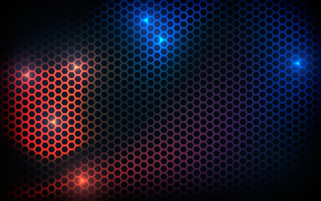 Fond de texture hexagone noir avec effet de lumière bleu et orange
