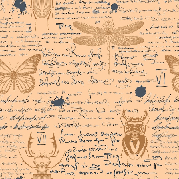 Fond Texturé Sans Couture Dans Le Style Des Notes D'un Journal D'entomologiste Avec Des Croquis