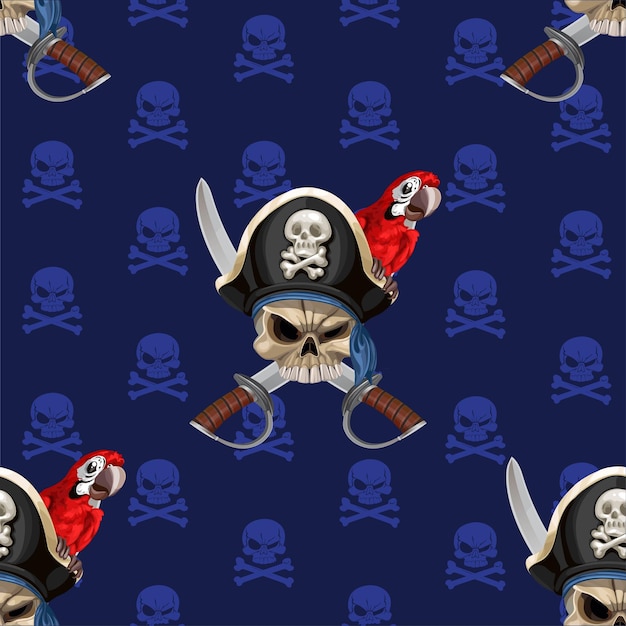 Vecteur fond transparent bleu avec jolly roger en chapeau avec perroquet