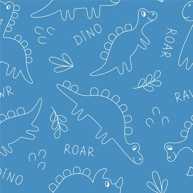 Vecteur fond transparent de dinosaures sur fond bleu. décrire les dinosaures dessinés à la main. idéal pour le tissu, l'emballage, le papier peint, les textiles, la décoration intérieure.