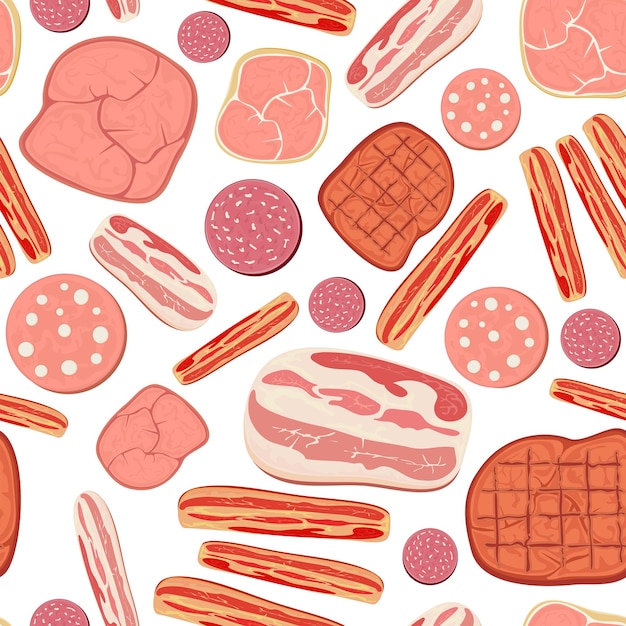 Fond Transparent Avec Ensemble De Produits à Base De Viande De Dessin Animé Avec Jambon, Salami, Bacon, Saucisse Et Autres Tranches De Viande, Illustration.