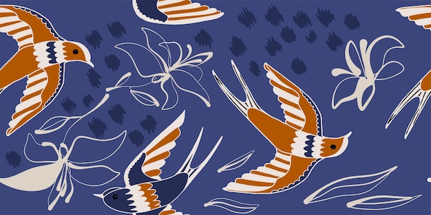 Fond transparent vecteur avec des oiseaux volants hirondelles et fleurs de printemps