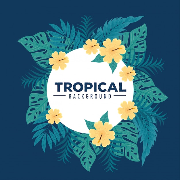 Fond Tropical, Cadre De Fleurs De Couleur Jaune Avec Des Feuilles Tropicales, Décoration Avec Des Fleurs Et Des Feuilles Tropicales