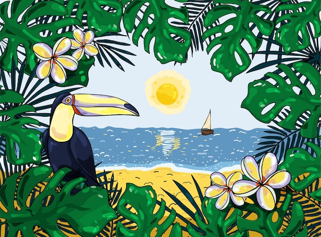 Vecteur fond tropical coloré avec toucan. illustration. pour les bannières, les affiches, les cartes postales et les dépliants.