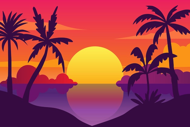 Fond tropical d'été avec ciel de palmiers et coucher de soleil