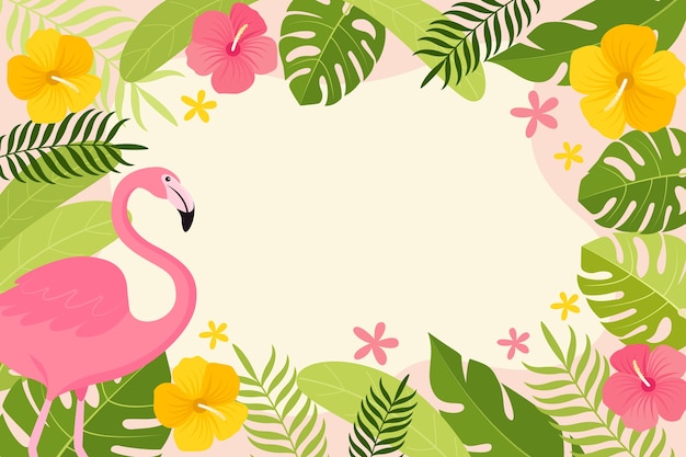 Fond tropical d'été plat avec végétation et flamant rose