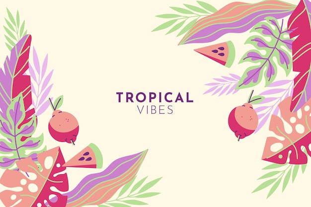 Vecteur fond tropical d'été plat avec végétation et fruits