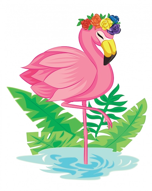 Fond tropical avec flamant rose et fleurs roses arc-en-ciel