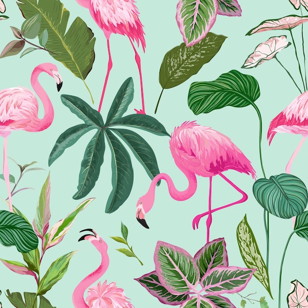 Fond Tropical Avec Flamingo Et Feuilles De Palmier. Modèle Sans Couture, Fond Botanique. Ornement Réaliste De Plantes Tropicales Exotiques Pour Le Papier D'emballage, Le Tissu Ou L'impression De Vêtements. Illustration Vectorielle