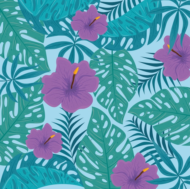 Fond tropical, fleurs de couleur pourpre et plantes tropicales, décoration avec fleurs et feuilles tropicales