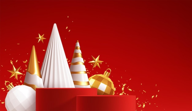 Fond de vacances à la main joyeux Noël. Podium de produit rouge avec des décorations de Noël blanches et dorées sur fond rouge. Illustration vectorielle Eps10