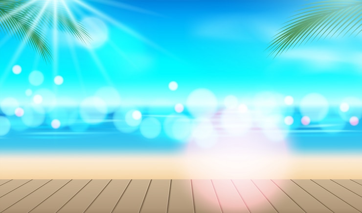 Vecteur fond de vacances. plage avec palmiers et mer bleue
