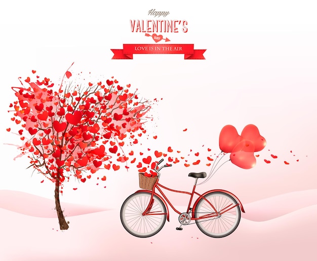 Fond De Vacances Saint-valentin Avec Arbre En Forme De Coeur Et Vélo Avec Des Ballons Rouges.