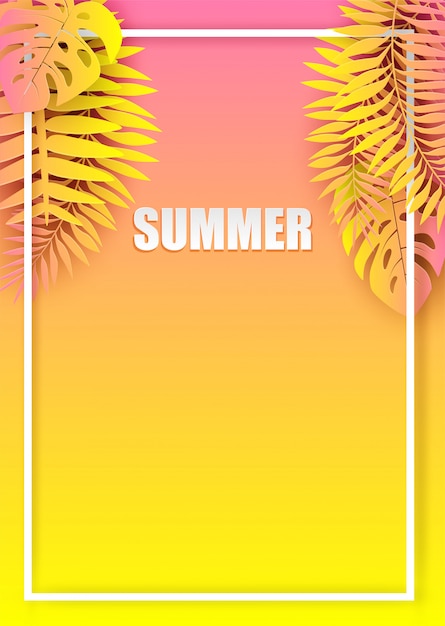 Fond de vacances tropicales de l&#39;été. Concevoir avec des feuilles tropicales colorées. style d&#39;art de papier.
