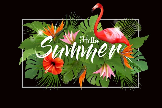 Fond De Vacances Tropicales D'été Avec Des Feuilles De Palmier Exotiques Flamant Rose Et Des Fleurs Colorées