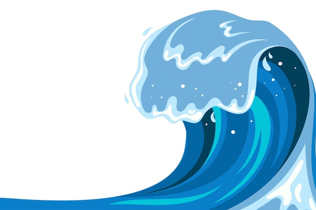 Fond De Vague Tsumani Dans Un Style Cartoon Plat. Grande éclaboussure D'eau Tropicale Bleue Avec De La Mousse Blanche. Illustration Vectorielle