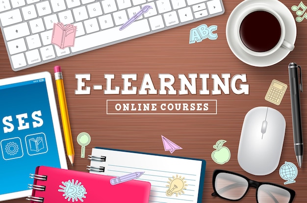 Vecteur fond de vecteur d'école en ligne elearning texte de cours en ligne elearning avec des appareils informatiques