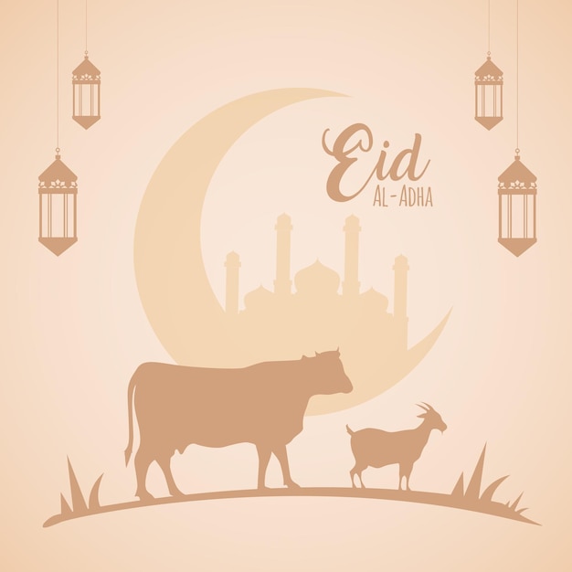 Fond De Vecteur Eid Al Adha Avec Silhouette De Chèvre Et De Vache