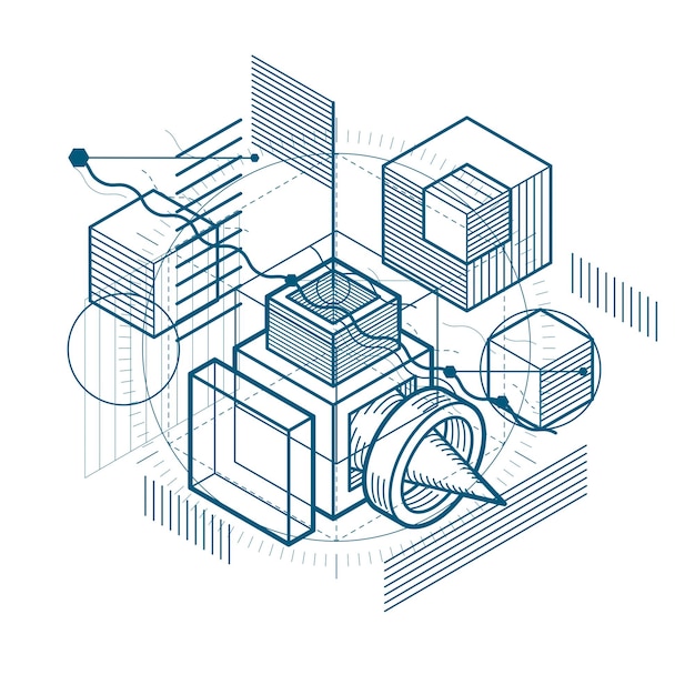 Fond de vecteur avec des lignes et des figures isométriques abstraites. Modèle composé de cubes, d'hexagones, de carrés, de rectangles et de différents éléments abstraits.