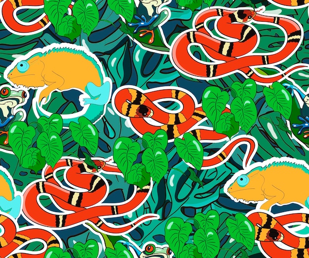 Fond de vecteur tropical Cartoon reptiles et plantes Caméléons corail serpents rainettes