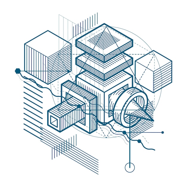 Fond vectoriel abstrait avec des lignes et des formes isométriques. Cubes, hexagones, carrés, rectangles et différents éléments abstraits.