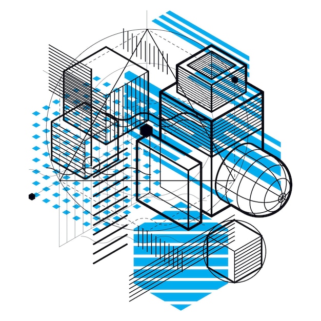Fond vectoriel abstrait linéaire isométrique, abstraction doublée. Cubes, hexagones, carrés, rectangles et différents éléments abstraits.