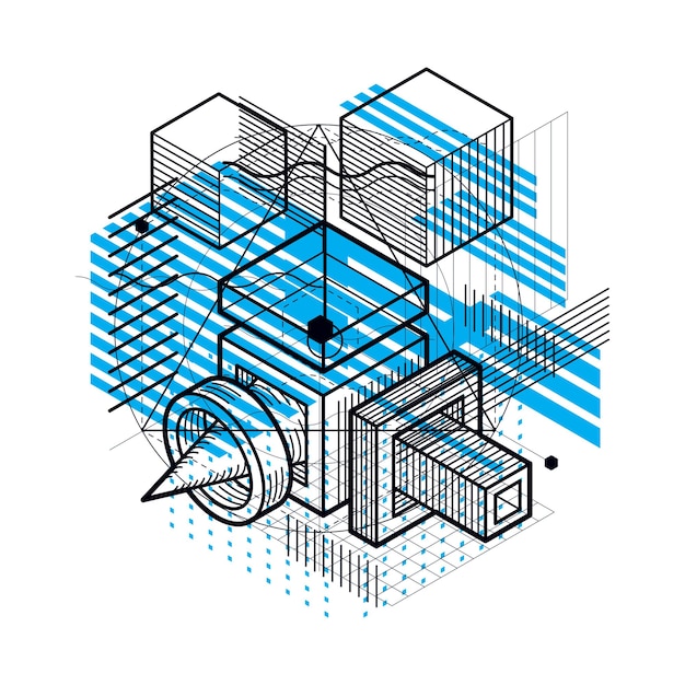 Fond vectoriel abstrait linéaire isométrique, abstraction doublée. Cubes, hexagones, carrés, rectangles et différents éléments abstraits.