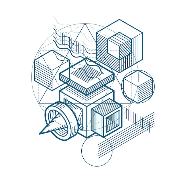Fond vectoriel avec lignes et figures isométriques abstraites. Modèle composé de cubes, d'hexagones, de carrés, de rectangles et de différents éléments abstraits.