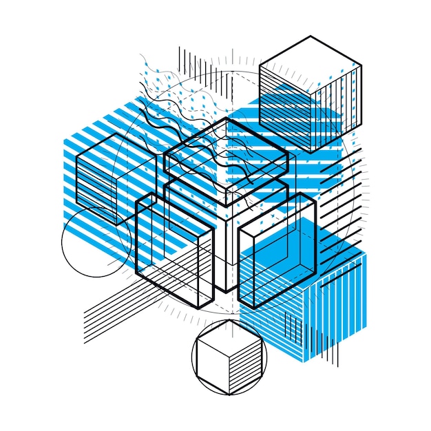 Fond Vectoriel Avec Lignes Et Figures Isométriques Abstraites. Modèle Composé De Cubes, D'hexagones, De Carrés, De Rectangles Et De Différents éléments Abstraits.