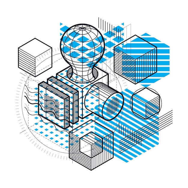 Fond Vectoriel Avec Lignes Et Figures Isométriques Abstraites. Modèle Composé De Cubes, D'hexagones, De Carrés, De Rectangles Et De Différents éléments Abstraits.