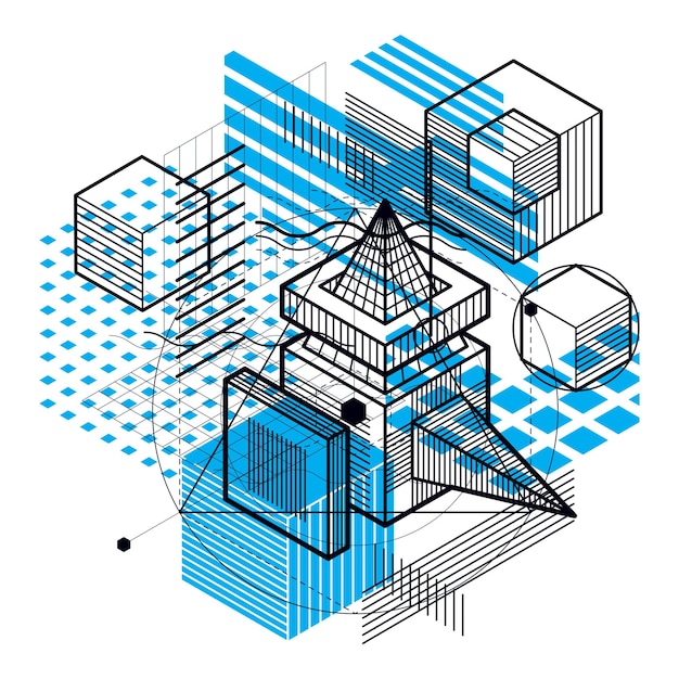 Vecteur fond vectoriel avec lignes et figures isométriques abstraites. modèle composé de cubes, d'hexagones, de carrés, de rectangles et de différents éléments abstraits.