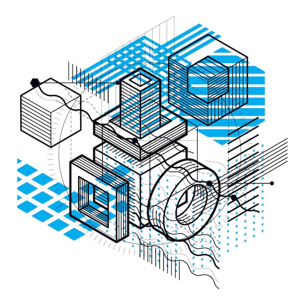 Fond Vectoriel Avec Lignes Et Figures Isométriques Abstraites. Modèle Composé De Cubes, D'hexagones, De Carrés, De Rectangles Et De Différents éléments Abstraits.