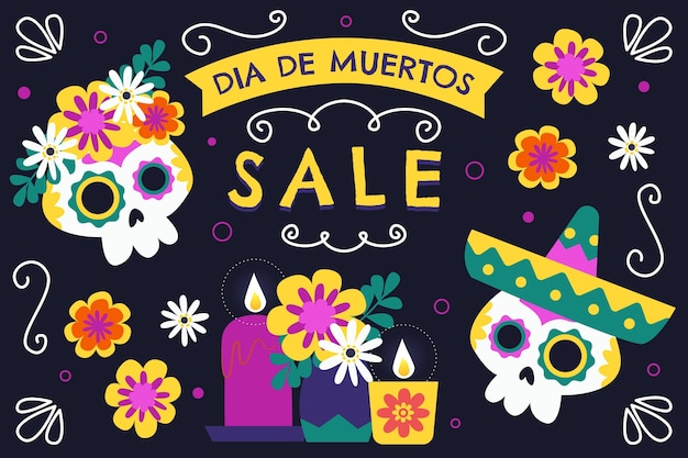 Vecteur fond de vente dia de muertos plat dessiné à la main