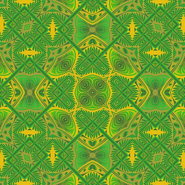 Fond vert et jaune avec un motif de feuilles et de fleurs.