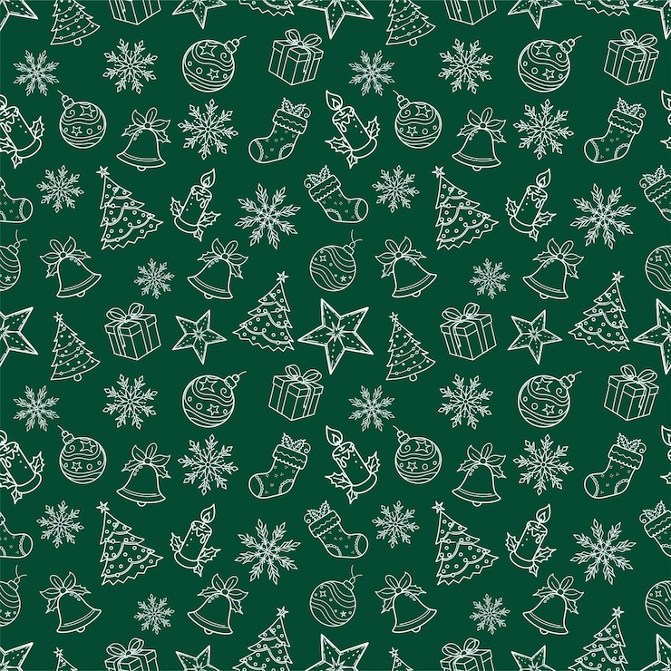 Vecteur un fond vert avec un motif de décorations de noël et de flocons de neige