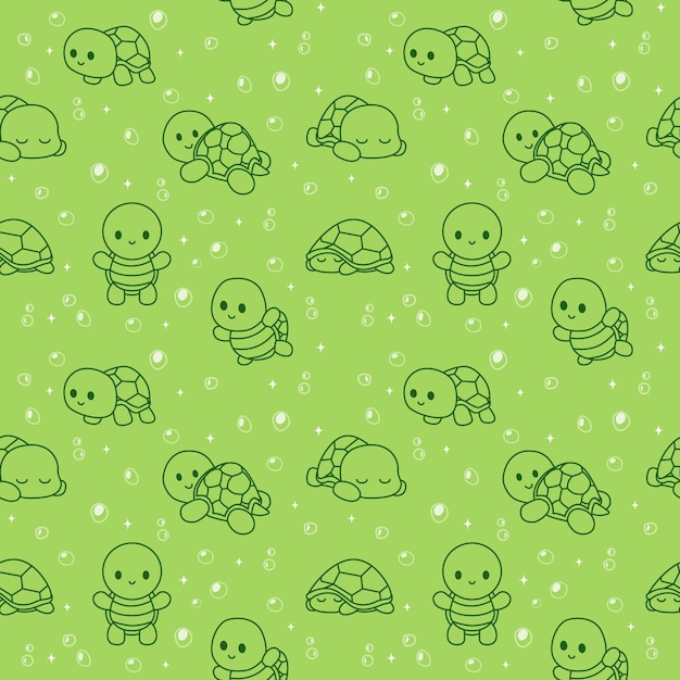 Vecteur fond vert avec un motif de tortues et de champignons mignons.