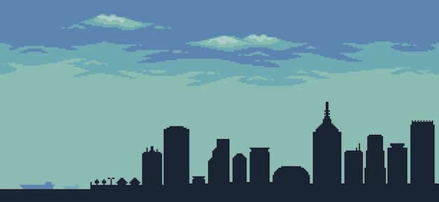 Vecteur fond de ville pixel art bleu avec pont de constructions de bâtiments et ciel nuageux pour jeu 8bit