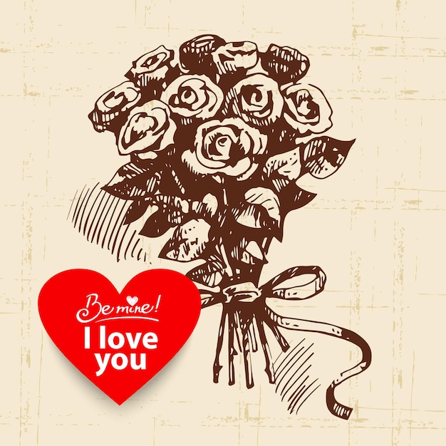 Vecteur fond vintage de la saint-valentin. illustration dessinée à la main avec bannière en forme de coeur. bouquet de roses