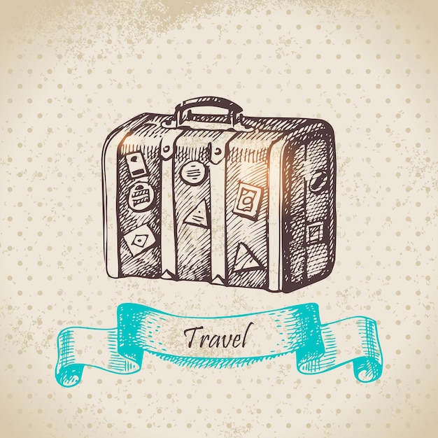 Vecteur fond vintage avec valise de voyage. illustration dessinée à la main