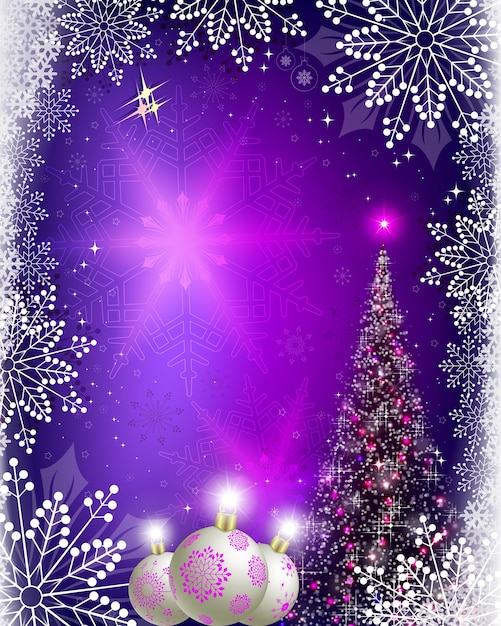 Vecteur fond violet bleu de noël avec sapin de noël et boules