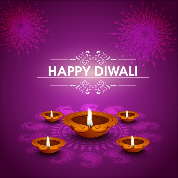 fond violet avec cinq bougies et des feux d'artifice pour diwali