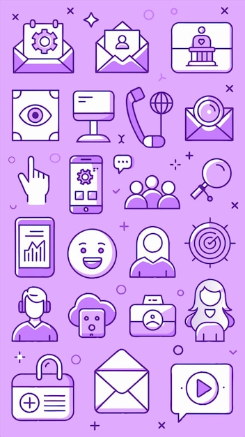 un fond violet avec une variété d'icônes, y compris le mot œil