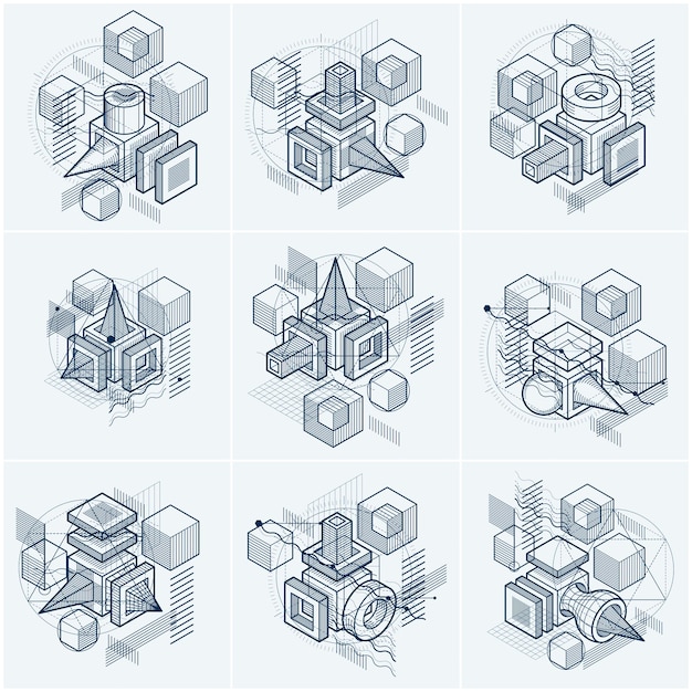 Fonds abstraits avec lignes isométriques, illustrations vectorielles. Modèles réalisés avec des cubes, des hexagones, des carrés, des rectangles et différents éléments abstraits. Ensemble vectoriel.