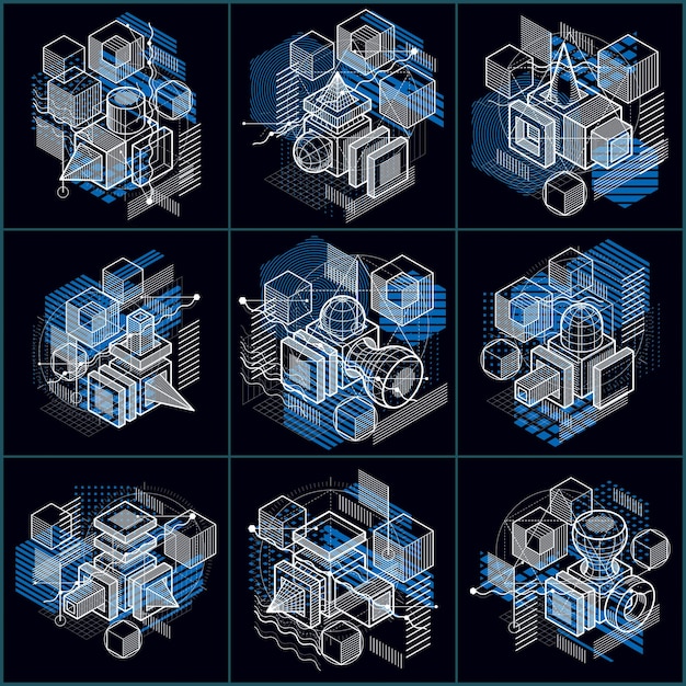 Fonds abstraits avec lignes isométriques, illustrations vectorielles. Modèles réalisés avec des cubes, des hexagones, des carrés, des rectangles et différents éléments abstraits. Ensemble vectoriel.